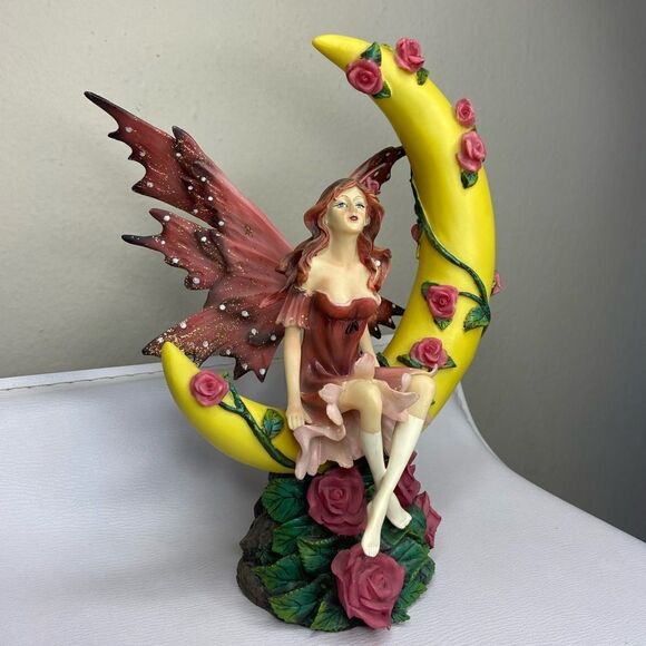 Rare! Diamond Select Fairie with Pink Wings on Quarter Moon 10"  Statue Roses - Picture 3 of 11